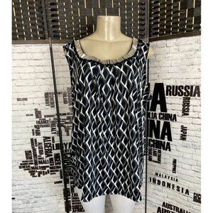 Notations Plus 2X Black Geometric Print Metal Detail Scoop Neck Sleeveless Top